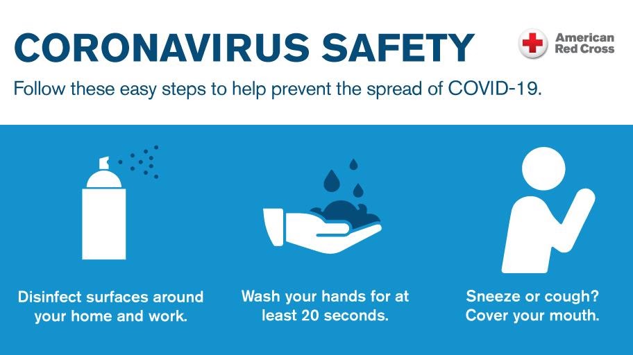 Coronavirus Safety: Follow these easy steps to help prevent the spread of COVID-19.  1. disinfect surfaces around your home and work. 2. Wash your hands for at least 20 seconds.  3. Sneez or cough?  Cover your mouth.